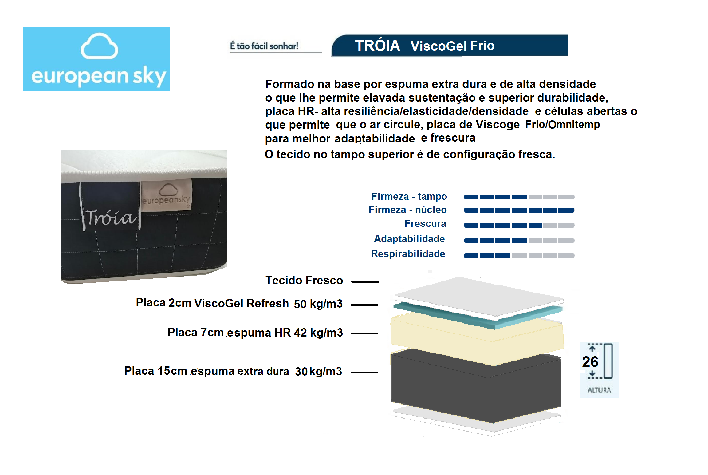 Colchão Troia Fresh ViscoGel Frio  EUROPEAN SKY (Esps. ALTA Dens. + ViscoGelFrio)