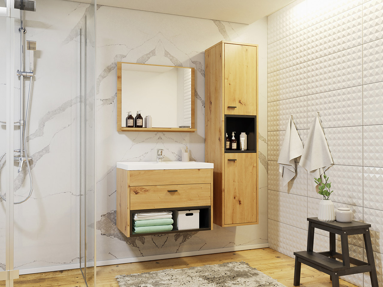 Conjunto de Casa de Banho Olier I Carvalho Natural/Branco 