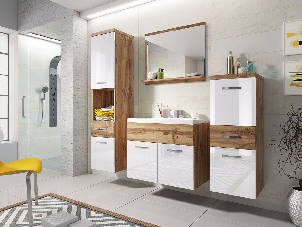 Conjunto de Casa de Banho Alba Carvalho/ Branco Lacado alto Brilho